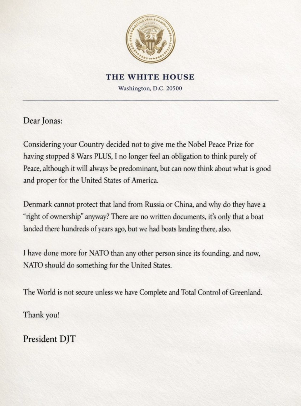 President Donald Trump's letter to Norwegian Prime Minister Jonas Gahr St&oslash;re