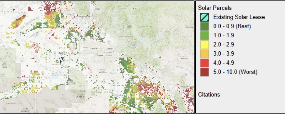 Screenshot of the State Land Department&rsquo;s parcel viewer showing the Greater Phoenix area with the &ldquo;Solar Scores&rdquo; layer.