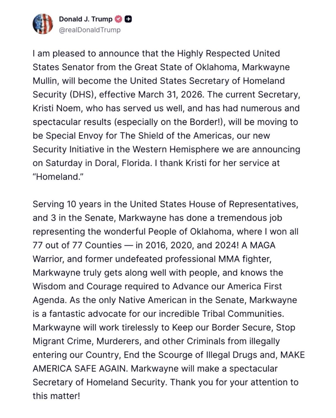 President Donald Trump's Truth Social's Announcement