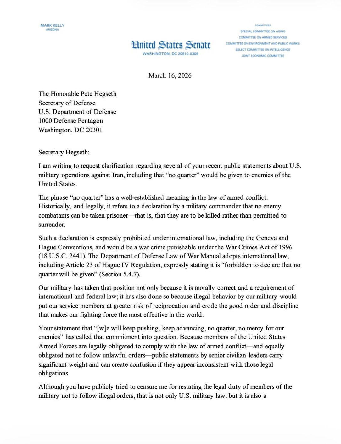 Mark Kelly's Letter to Pete Hegseth