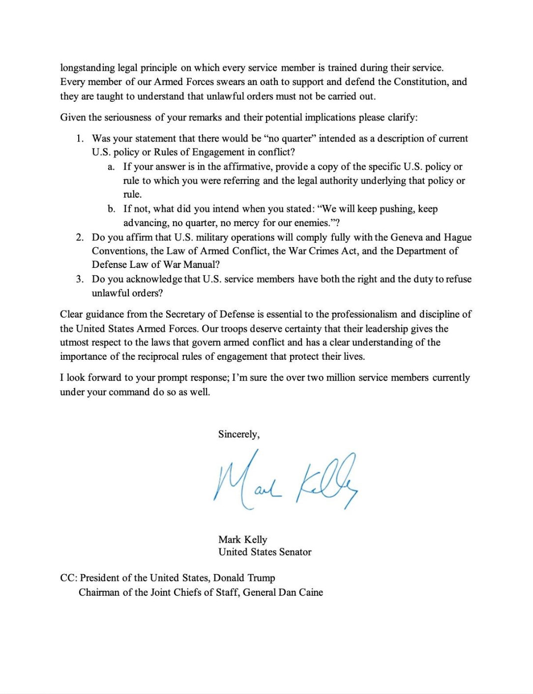 Mark Kelly's Letter to Pete Hegseth